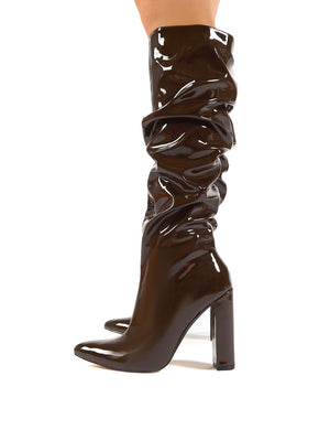 Yours Chocolate Wide Fit Patent Heeled Knee High Block Boots