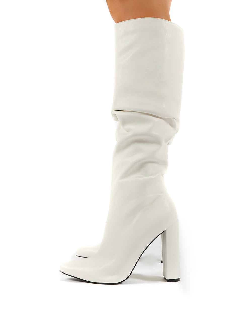 Yours White PU Heeled Knee High Boots | Public Desire