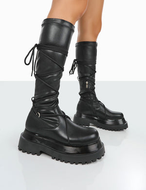 Hype Black Pu Lace up Chunky Sole Knee High Boots