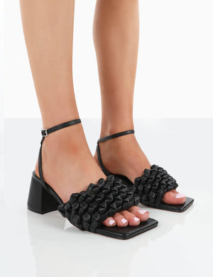 Got This Black Pu Woven Square Toe Block Mid Heeled Mule Sandals