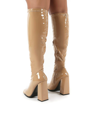 Caryn Camel PU Wide Fit Knee High Heeled Boot