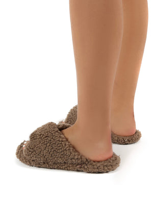 Cozee Tan Fluffy Teddy Cross Over Strap Slippers