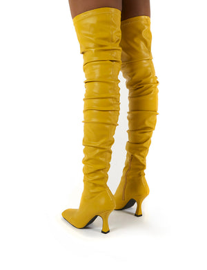 Outlaw Mustard Ruched Over The Knee Heeled Boots
