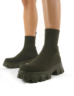 Trust Khaki Chunky Platform Sole Sock Ankle Boots