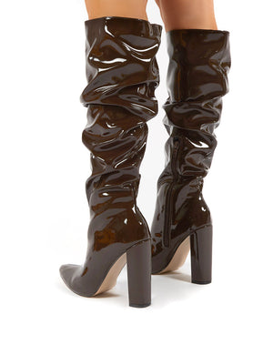 Yours Chocolate Wide Fit Patent Heeled Knee High Block Boots