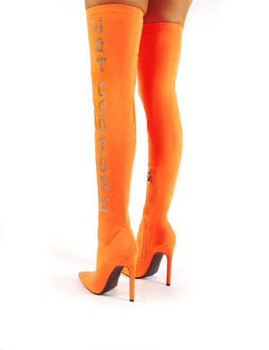 Authority Neon Orange Diamante Slogan Heeled Over the Knee Boots