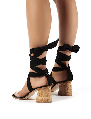 Vogue Black Faux Suede Lace Up Cork Block Heels