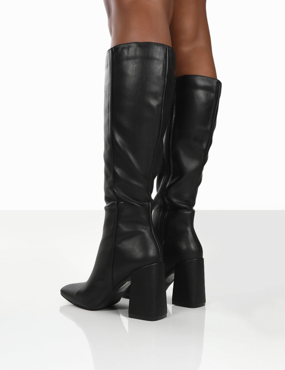 Apology Black Pu Knee High Block Heel Boots | Public Desire