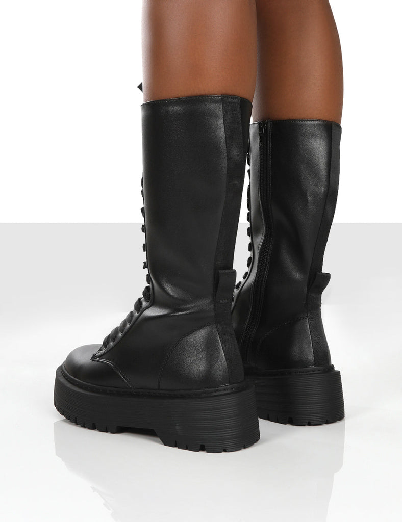 Kendall Black PU Lace Up Chunky Knee High Boots | Public Desire