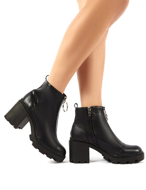 Gospel Black PU Zip Up Chunky Heeled Ankle Boots