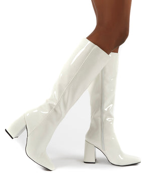 Apology White Patent Knee High Block Heel Boots | Public Desire