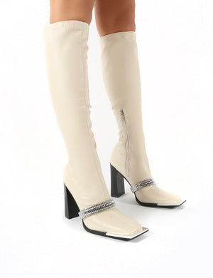 Manic Stone Removable Chain Detail Knee High Heeled Boots