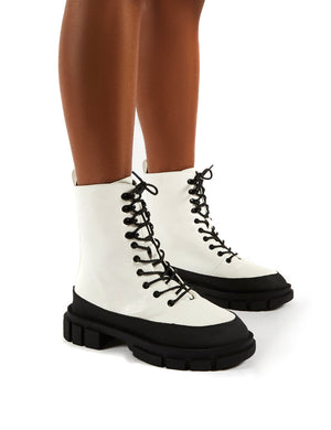 Mischief White Patent Lace Up Chunky Sole Ankle Boots