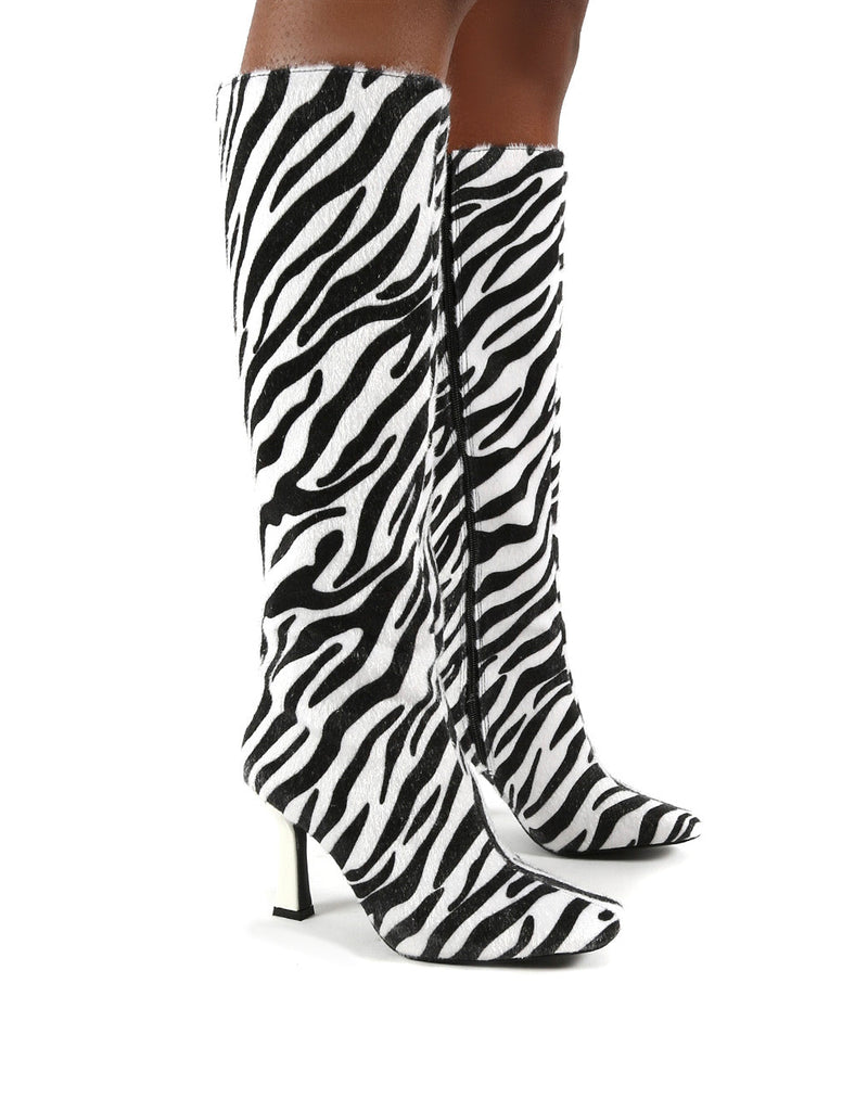 Repeat Zebra Heeled Knee High Boots | Public Desire