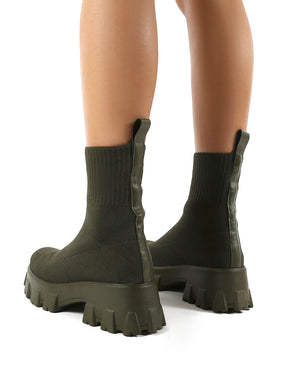 Trust Khaki Chunky Platform Sole Sock Ankle Boots