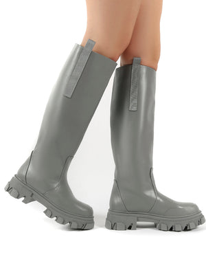 Genius Grey Knee High Chunky Sole Boots