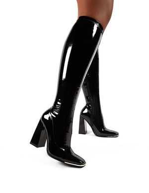 Caryn Black Vinyl Block Heeled Knee High Boots