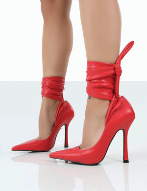 Thames Red PU Lace Up Ribbon Pointed Toe Court Heels