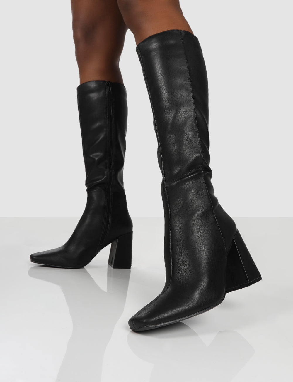 Apology Black Pu Knee High Block Heel Boots | Public Desire