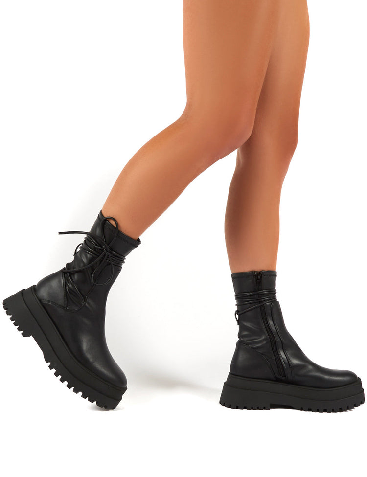 finale black chunky sole ankle wrap boots
