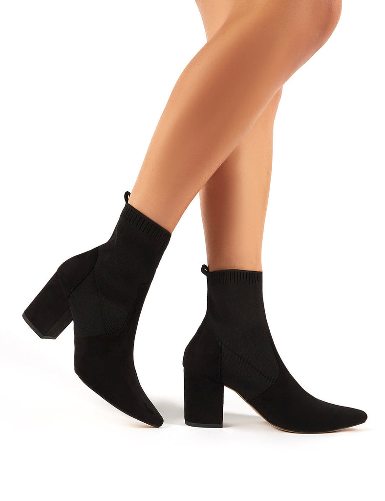 Nuala Black Suede Block Heeled Knitted Sock Fit Ankle Boots | Public Desire