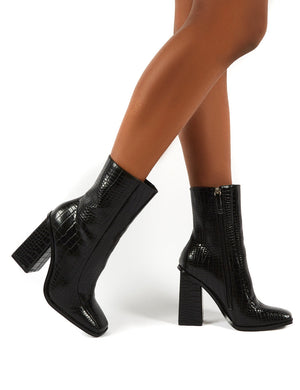 Slick Black Croc Square Toe Block Heeled Ankle Boots