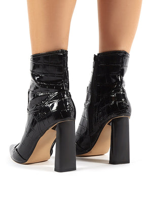 Elisa Black Patent Pointed Toe Block Heeled Ankle Boots