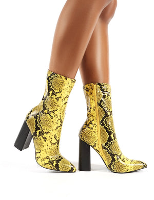 Libby Flared Heel Sock Fit Ankle Boots in Mustard Snakeskin
