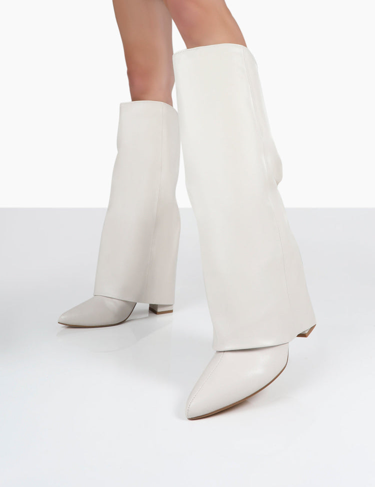 Zendaya Ecru Pointed Toe Knee High Boots | Public Desire