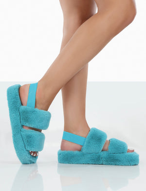 Bed Time Blue Faux Fur Fluffy Strappy Slingback Slippers