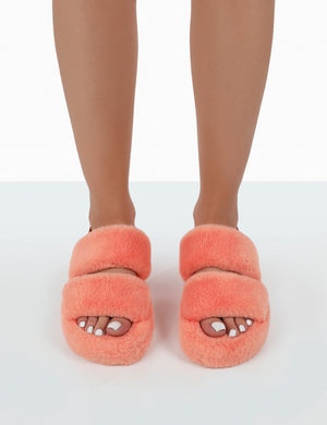 Bed Time Orange Faux Fur Fluffy Strappy Slingback Slippers