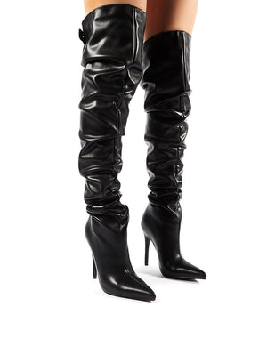 Impulse Black PU Slouch Stiletto Heeled Over the Knee Boots