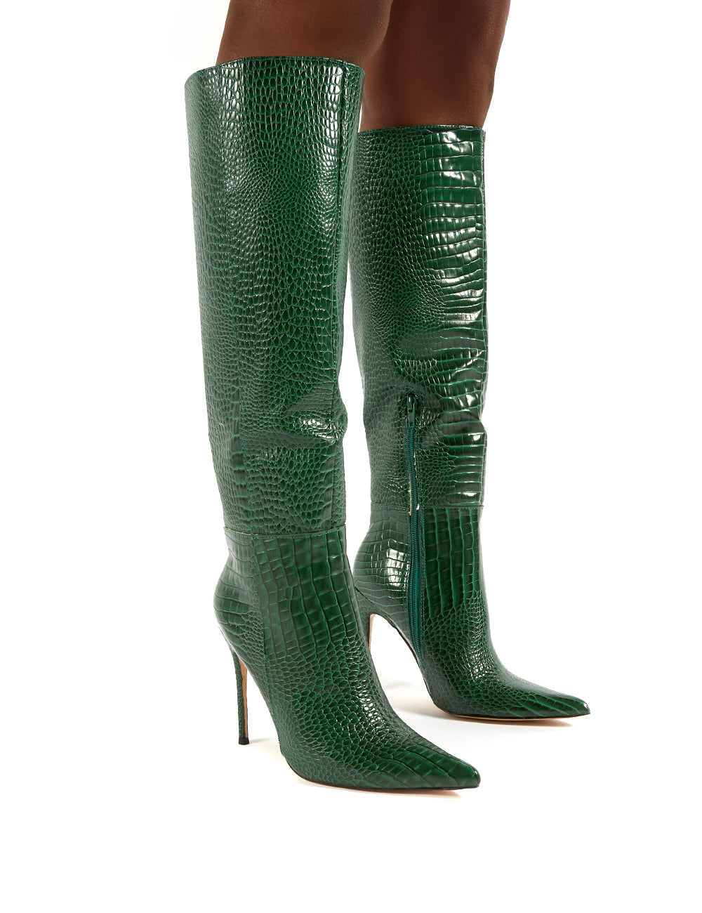 Aimi Green Croc Knee High Stiletto Heel Boots | Public Desire