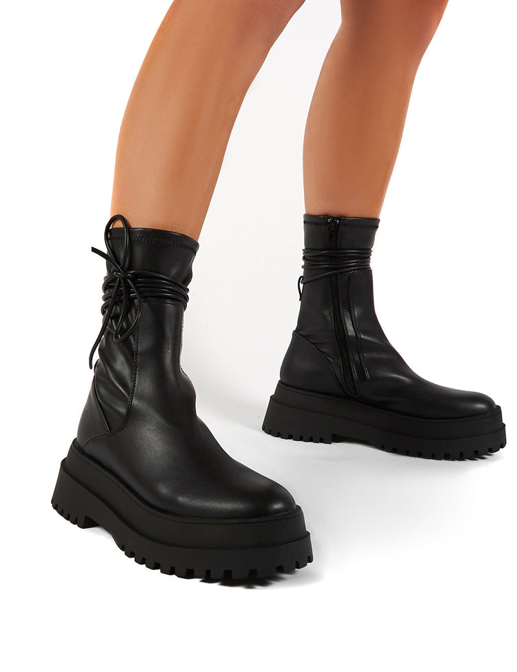 finale black chunky sole ankle wrap boots
