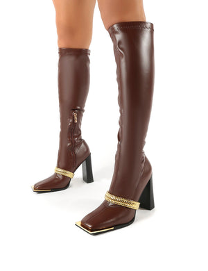Manic Chocolate Removable Chain Detail Knee High Heeled Boots