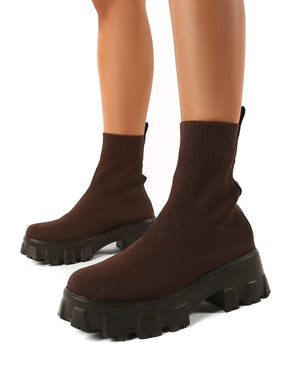 Trust Chocolate Chunky Platform Sole Sock Ankle Boots