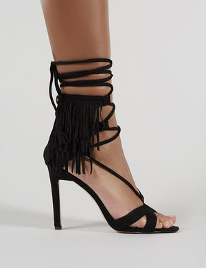 Montana Fringed Lace Up Heels in Black Faux Suede