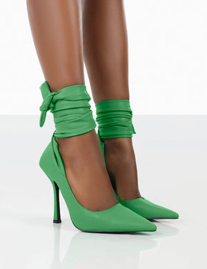 Thames Green PU Lace Up Ribbon Pointed Toe Court Heels