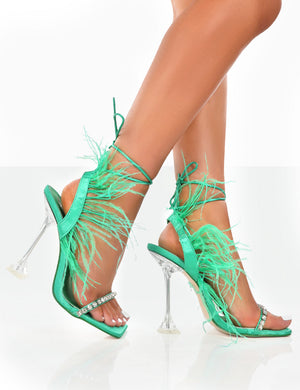 Serenity Green Fluffy Faux Feather Square Toe Dimante Party Heels