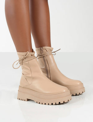 Finale Wide Fit Nude Chunky Sole Ankle Wrap Boots