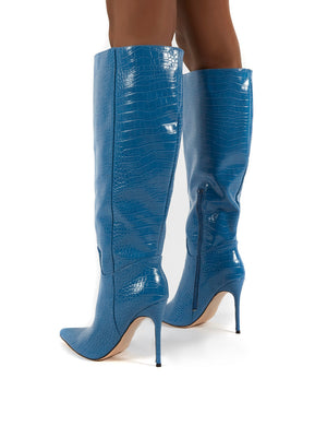 Go Wide Fit Blue Knee High Pointed Toe Stiletto Heeled Boots