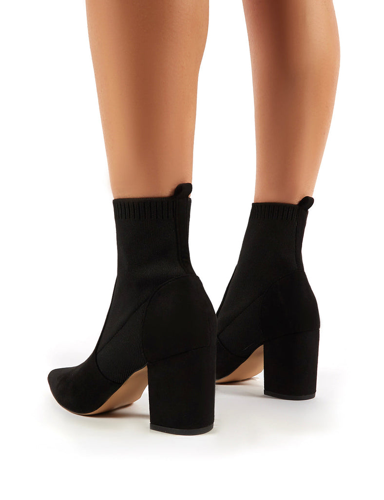 Nuala Black Suede Block Heeled Knitted Sock Fit Ankle Boots | Public Desire
