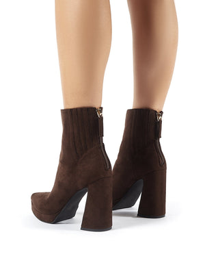 Tegan Brown Faux Suede Flare Heeled Ankle Boots