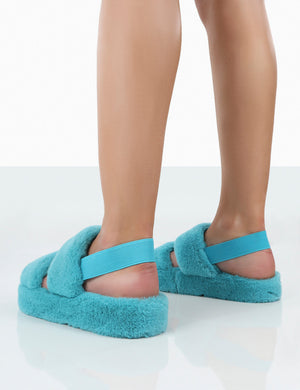 Bed Time Blue Faux Fur Fluffy Strappy Slingback Slippers