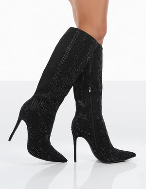 Lexi Black Diamantes Pointed Toe Stiletto Knee High Boots