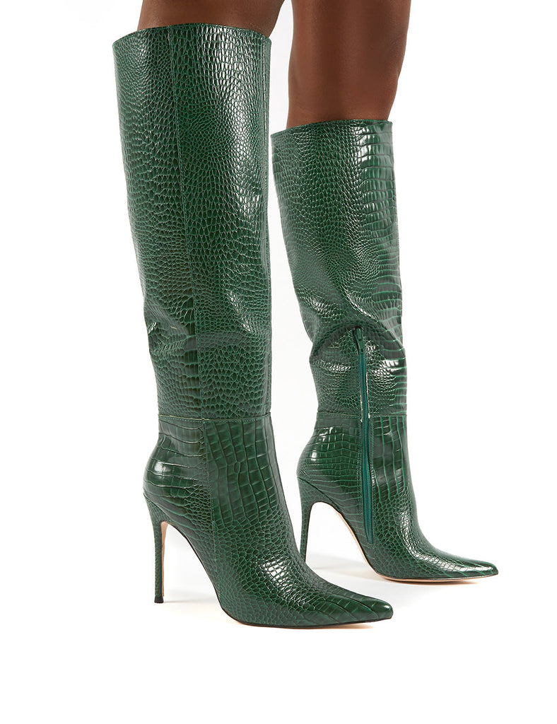 Aimi Green Croc Knee High Stiletto Heel Boots | Public Desire