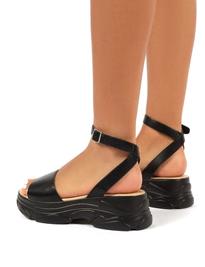 Loco Black PU Strappy Chunky Sandals