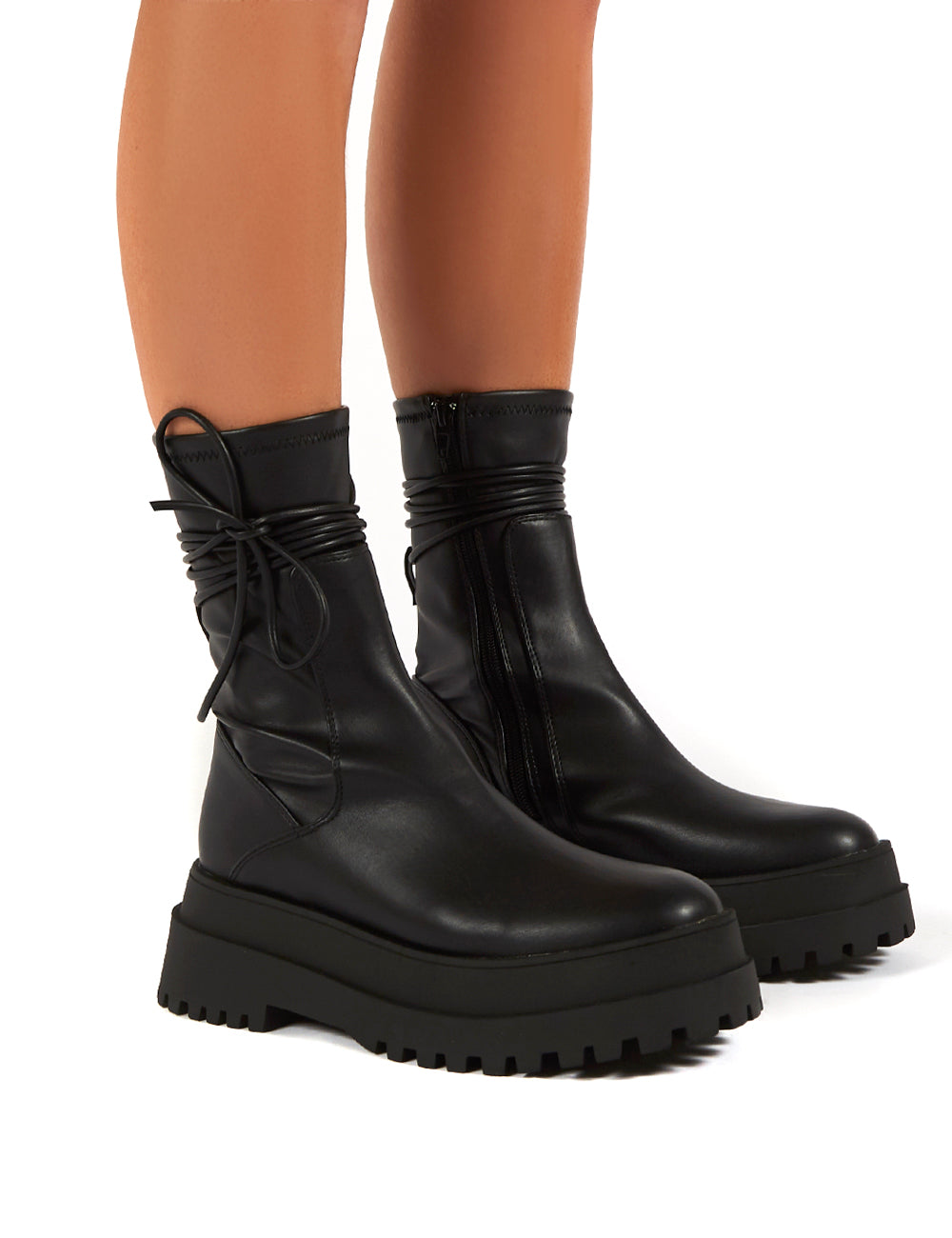 finale black chunky sole ankle wrap boots