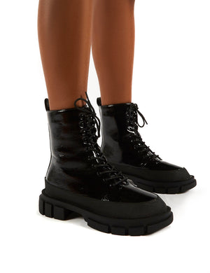 Mischief Black Patent Lace Up Chunky Sole Ankle Boots