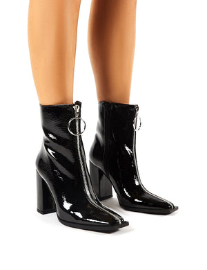 Payback Black Crinkle Patent Zip Up Block Heeled Ankle Boots